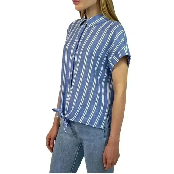 ❤️ Jachs Girlfriend Short Sleeved Linen Blend Blouse XS Striped Lightweight Top - Picture 14 of 14